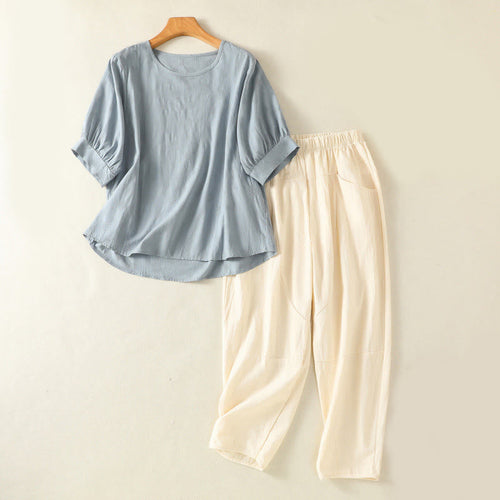 Buddha Stones 2pcs Plain Women's Short Sleeve Shirt Harem Pants Meditation Clothing Set