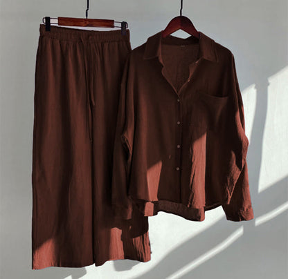 Buddha Stones 2Pcs Long Sleeve Shirt Top With Pockets Drawstring Capri Pants Meditation Cotton Clothing Women's Set