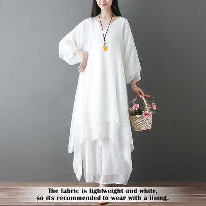 Buddha Stones V-Neck Midi Tunic Dress Wide Leg Pants Meditation Zen Practice Dance Clothing