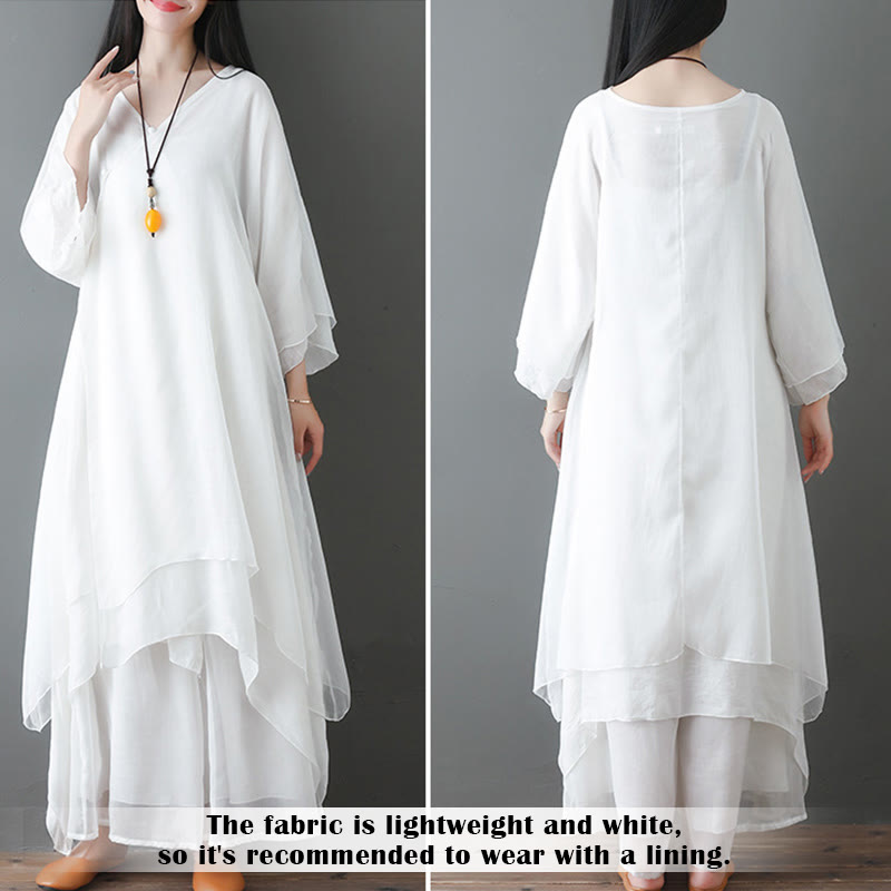 Buddha Stones V-Neck Midi Tunic Dress Wide Leg Pants Meditation Zen Practice Dance Clothing