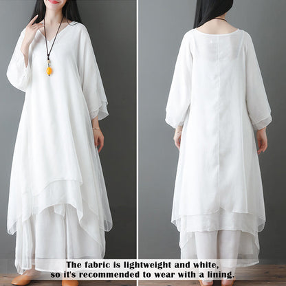 Buddha Stones V-Neck Midi Tunic Dress Wide Leg Pants Meditation Zen Practice Dance Clothing