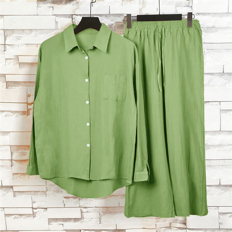 Buddha Stones 2Pcs Long Sleeve Shirt Top With Pockets Drawstring Capri Pants Meditation Cotton Clothing Women's Set