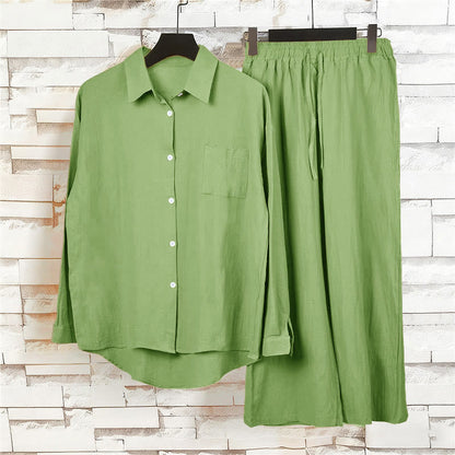 Buddha Stones 2Pcs Long Sleeve Shirt Top With Pockets Drawstring Capri Pants Meditation Cotton Clothing Women's Set