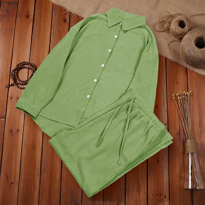 Buddha Stones 2Pcs Long Sleeve Shirt Top With Pockets Drawstring Capri Pants Meditation Cotton Clothing Women's Set