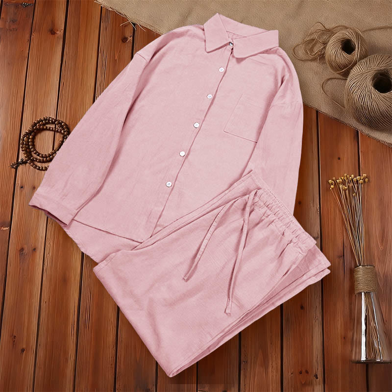 Buddha Stones 2Pcs Long Sleeve Shirt Top With Pockets Drawstring Capri Pants Meditation Cotton Clothing Women's Set