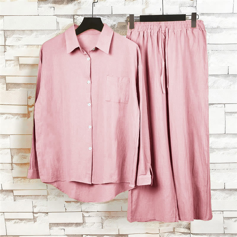 Buddha Stones 2Pcs Long Sleeve Shirt Top With Pockets Drawstring Capri Pants Meditation Cotton Clothing Women's Set