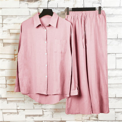 Buddha Stones 2Pcs Long Sleeve Shirt Top With Pockets Drawstring Capri Pants Meditation Cotton Clothing Women's Set