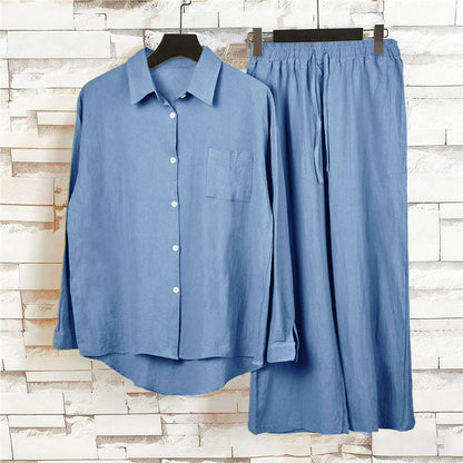 Buddha Stones 2Pcs Long Sleeve Shirt Top With Pockets Drawstring Capri Pants Meditation Cotton Clothing Women's Set