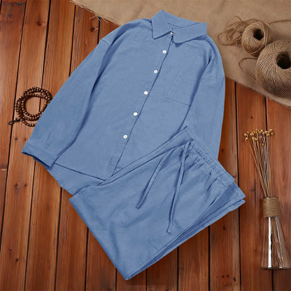 Buddha Stones 2Pcs Long Sleeve Shirt Top With Pockets Drawstring Capri Pants Meditation Cotton Clothing Women's Set