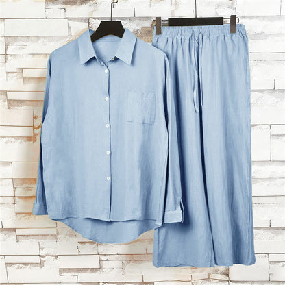 Buddha Stones 2Pcs Long Sleeve Shirt Top With Pockets Drawstring Capri Pants Meditation Cotton Clothing Women's Set