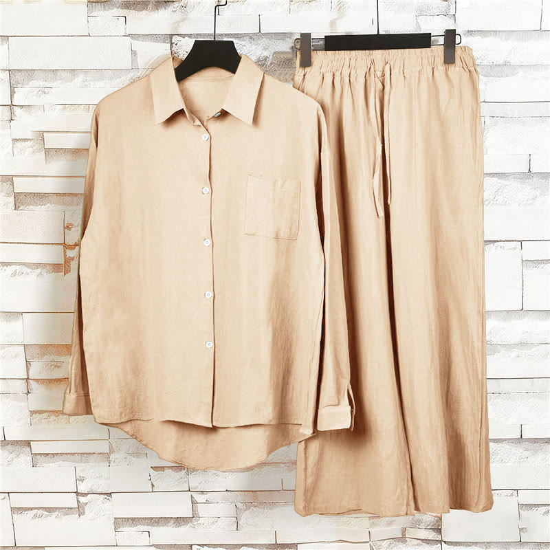 Buddha Stones 2Pcs Long Sleeve Shirt Top With Pockets Drawstring Capri Pants Meditation Cotton Clothing Women's Set