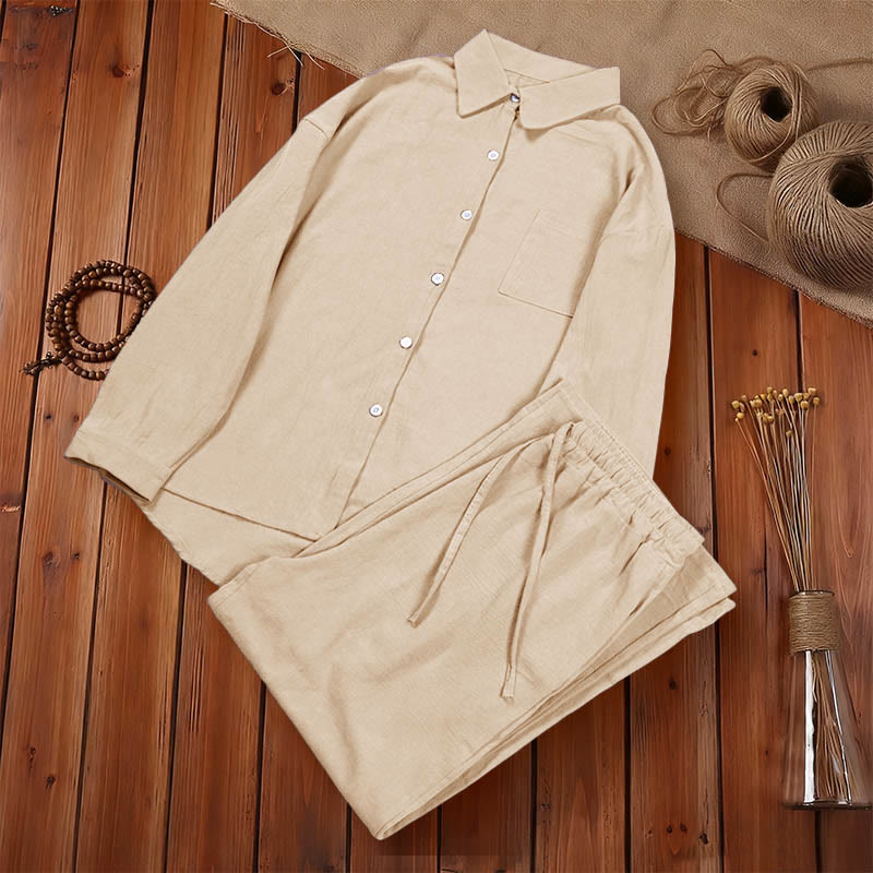 Buddha Stones 2Pcs Long Sleeve Shirt Top With Pockets Drawstring Capri Pants Meditation Cotton Clothing Women's Set