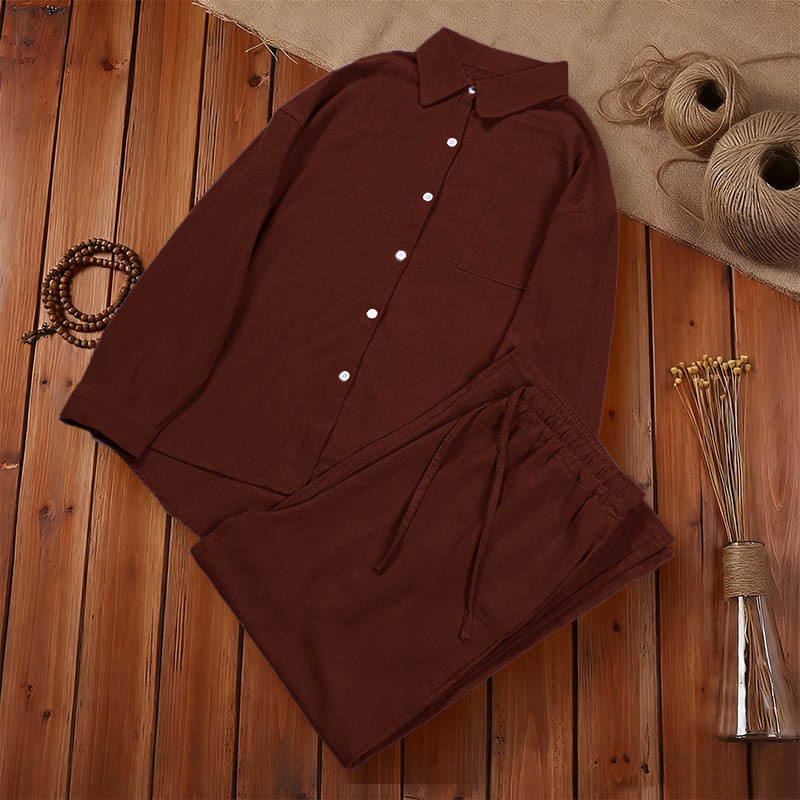 Buddha Stones 2Pcs Long Sleeve Shirt Top With Pockets Drawstring Capri Pants Meditation Cotton Clothing Women's Set