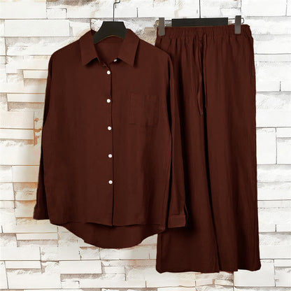 Buddha Stones 2Pcs Long Sleeve Shirt Top With Pockets Drawstring Capri Pants Meditation Cotton Clothing Women's Set
