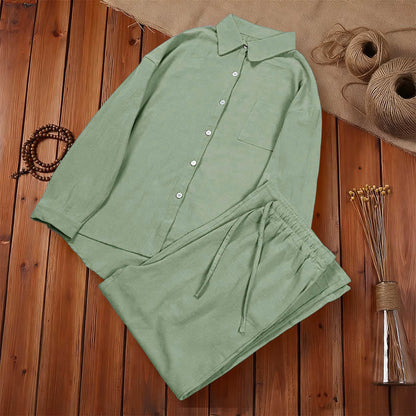 Buddha Stones 2Pcs Long Sleeve Shirt Top With Pockets Drawstring Capri Pants Meditation Cotton Clothing Women's Set