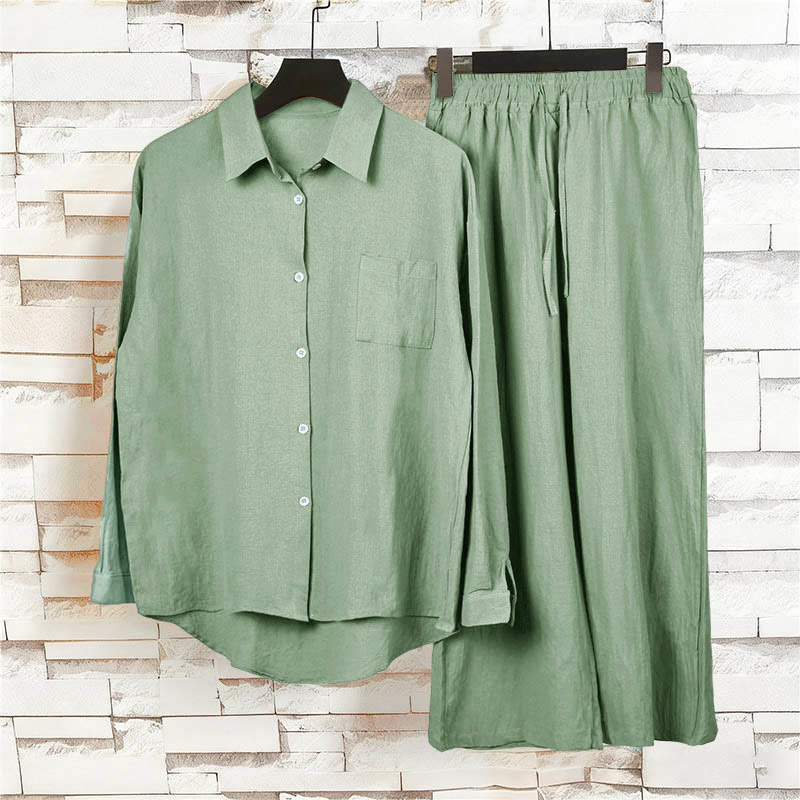 Buddha Stones 2Pcs Long Sleeve Shirt Top With Pockets Drawstring Capri Pants Meditation Cotton Clothing Women's Set