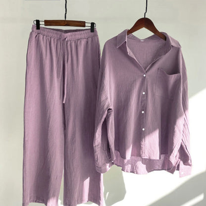 Buddha Stones 2Pcs Long Sleeve Shirt Top With Pockets Drawstring Capri Pants Meditation Cotton Clothing Women's Set