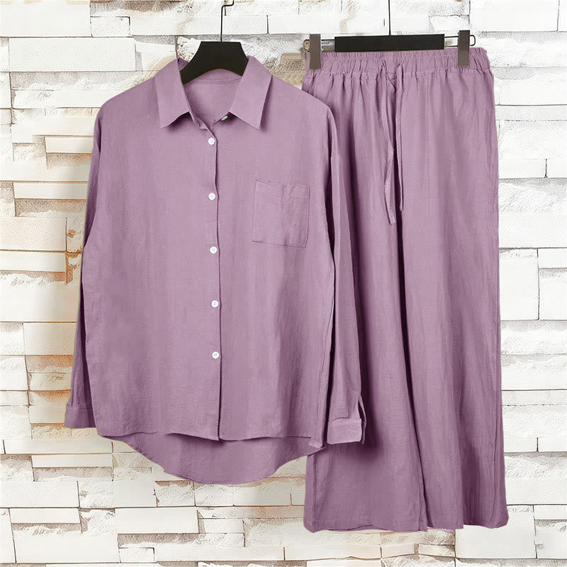 Buddha Stones 2Pcs Long Sleeve Shirt Top With Pockets Drawstring Capri Pants Meditation Cotton Clothing Women's Set