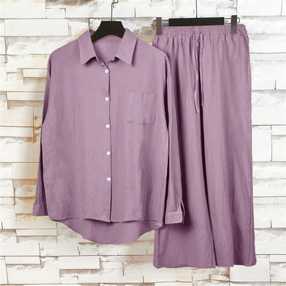 Buddha Stones 2Pcs Long Sleeve Shirt Top With Pockets Drawstring Capri Pants Meditation Cotton Clothing Women's Set