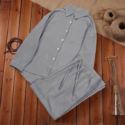 Buddha Stones 2Pcs Long Sleeve Shirt Top With Pockets Drawstring Capri Pants Meditation Cotton Clothing Women's Set
