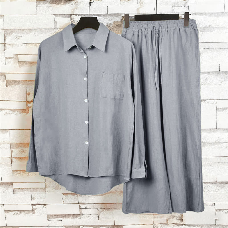 Buddha Stones 2Pcs Long Sleeve Shirt Top With Pockets Drawstring Capri Pants Meditation Cotton Clothing Women's Set