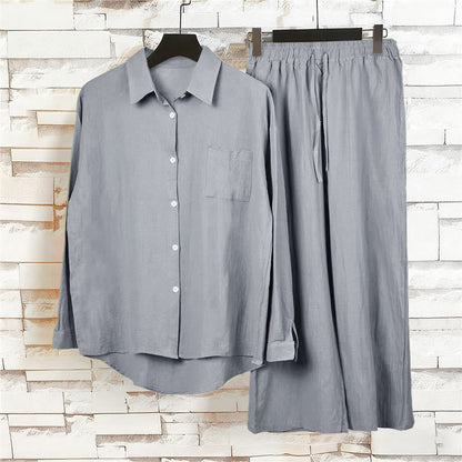 Buddha Stones 2Pcs Long Sleeve Shirt Top With Pockets Drawstring Capri Pants Meditation Cotton Clothing Women's Set