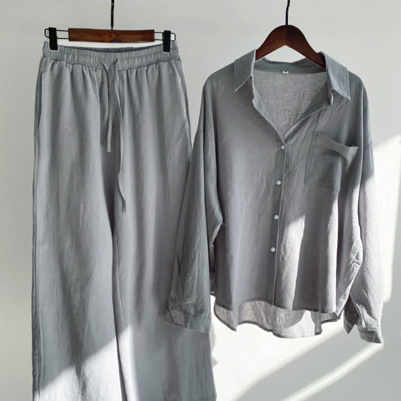 Buddha Stones 2Pcs Long Sleeve Shirt Top With Pockets Drawstring Capri Pants Meditation Cotton Clothing Women's Set