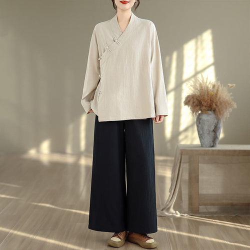 Buddha Stones 2Pcs V-Neck Long Sleeve Shirt Wide Leg Pants Zen Meditation Women's Set