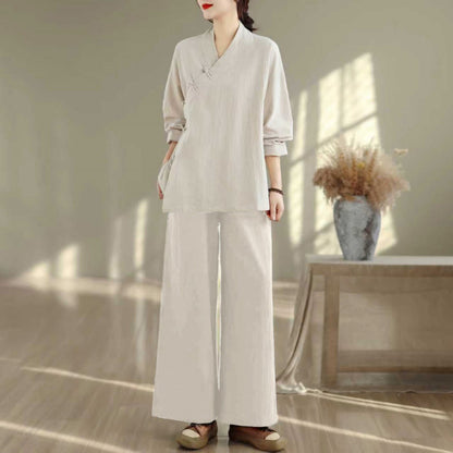 Buddha Stones 2Pcs V-Neck Long Sleeve Shirt Wide Leg Pants Zen Meditation Women's Set