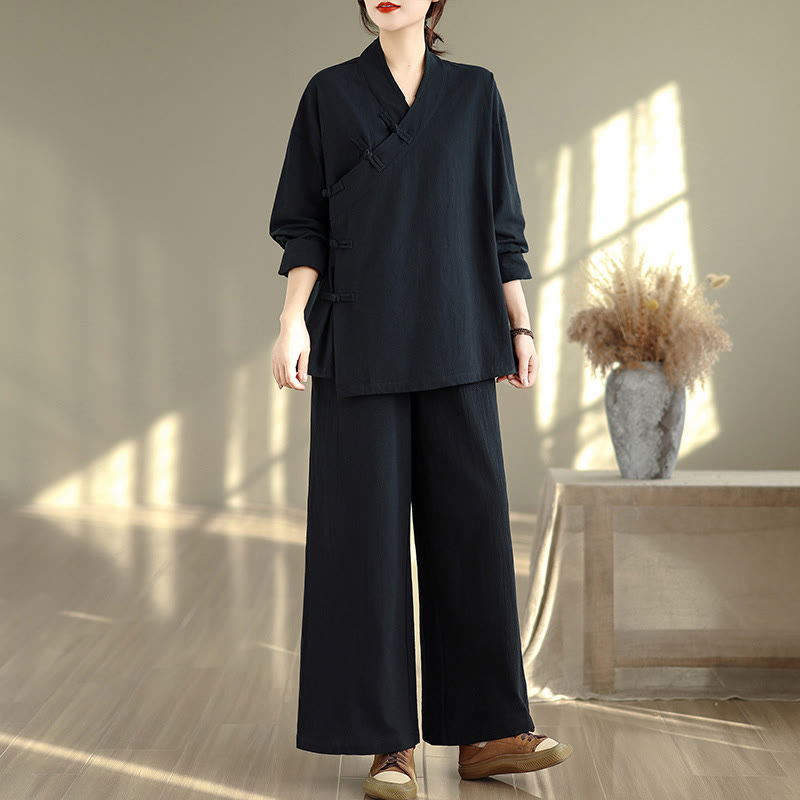 Buddha Stones 2Pcs V-Neck Long Sleeve Shirt Wide Leg Pants Zen Meditation Women's Set