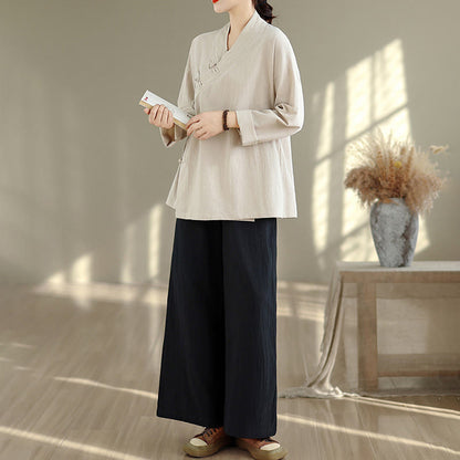 Buddha Stones 2Pcs V-Neck Long Sleeve Shirt Wide Leg Pants Zen Meditation Women's Set
