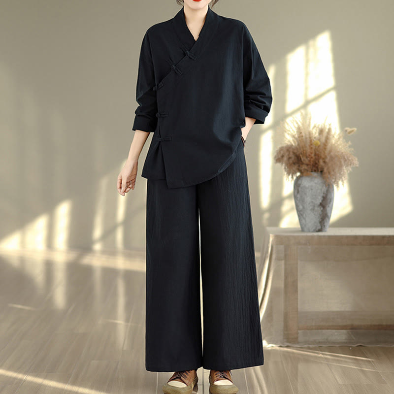 Buddha Stones 2Pcs V-Neck Long Sleeve Shirt Wide Leg Pants Zen Meditation Women's Set