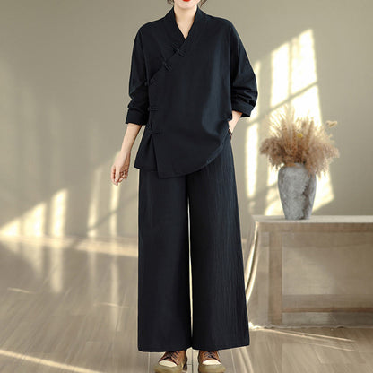 Buddha Stones 2Pcs V-Neck Long Sleeve Shirt Wide Leg Pants Zen Meditation Women's Set
