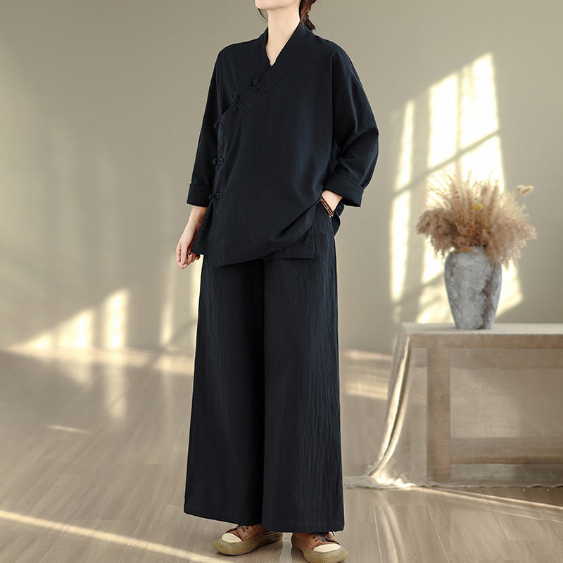 Buddha Stones 2Pcs V-Neck Long Sleeve Shirt Wide Leg Pants Zen Meditation Women's Set