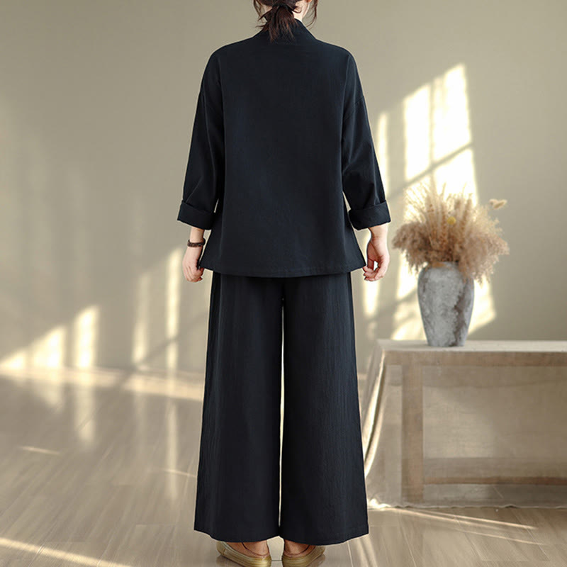 Buddha Stones 2Pcs V-Neck Long Sleeve Shirt Wide Leg Pants Zen Meditation Women's Set