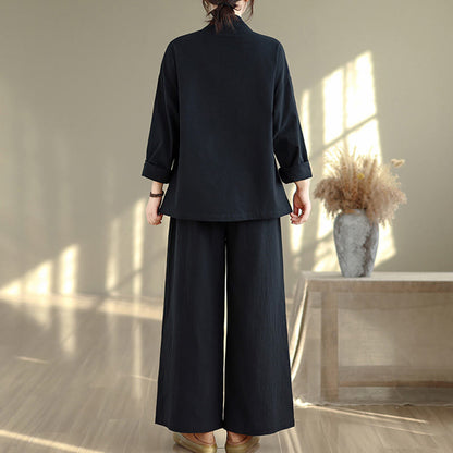 Buddha Stones 2Pcs V-Neck Long Sleeve Shirt Wide Leg Pants Zen Meditation Women's Set