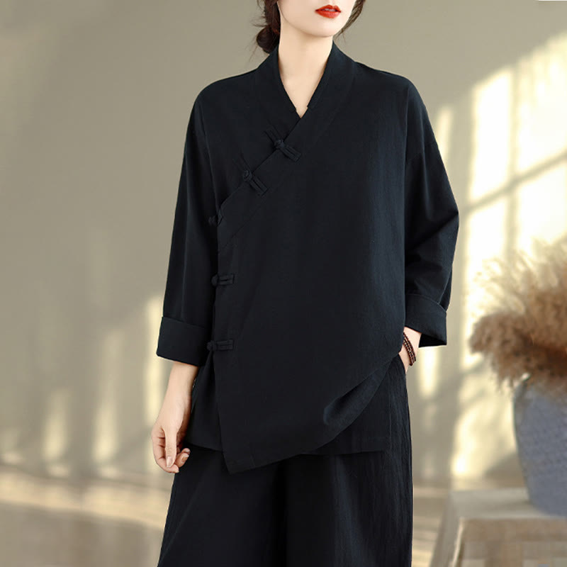Buddha Stones 2Pcs V-Neck Long Sleeve Shirt Wide Leg Pants Zen Meditation Women's Set