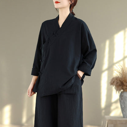 Buddha Stones 2Pcs V-Neck Long Sleeve Shirt Wide Leg Pants Zen Meditation Women's Set