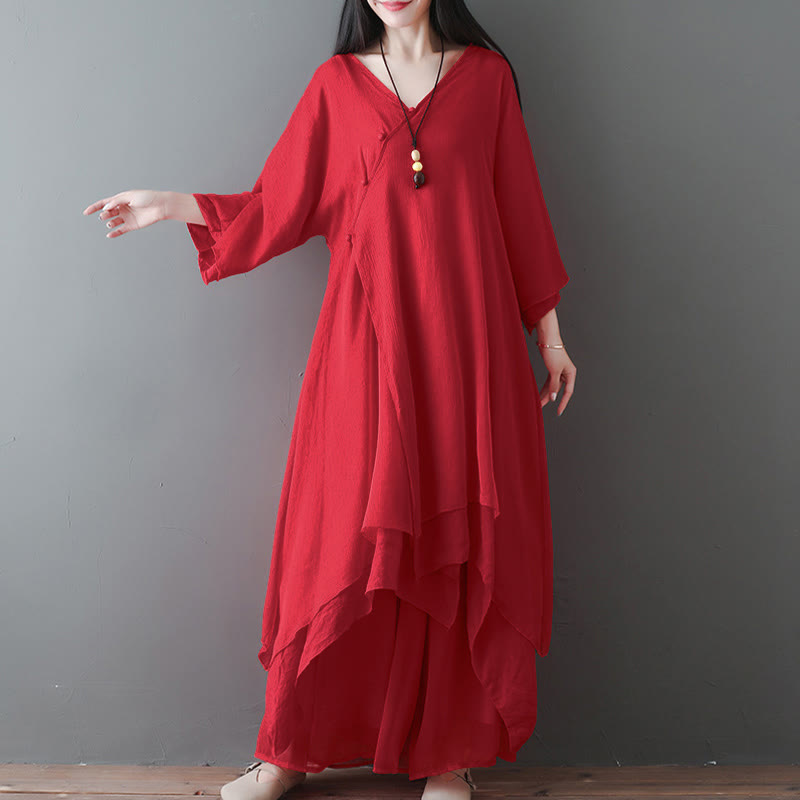 Buddha Stones V-Neck Midi Tunic Dress Wide Leg Pants Meditation Zen Practice Dance Clothing