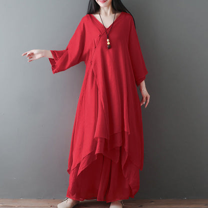 Buddha Stones V-Neck Midi Tunic Dress Wide Leg Pants Meditation Zen Practice Dance Clothing