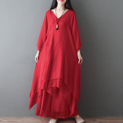 Buddha Stones V-Neck Midi Tunic Dress Wide Leg Pants Meditation Zen Practice Dance Clothing