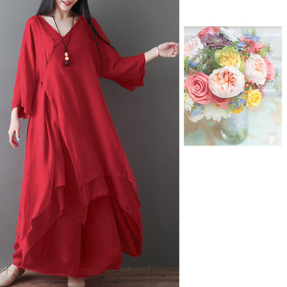 Buddha Stones V-Neck Midi Tunic Dress Wide Leg Pants Meditation Zen Practice Dance Clothing