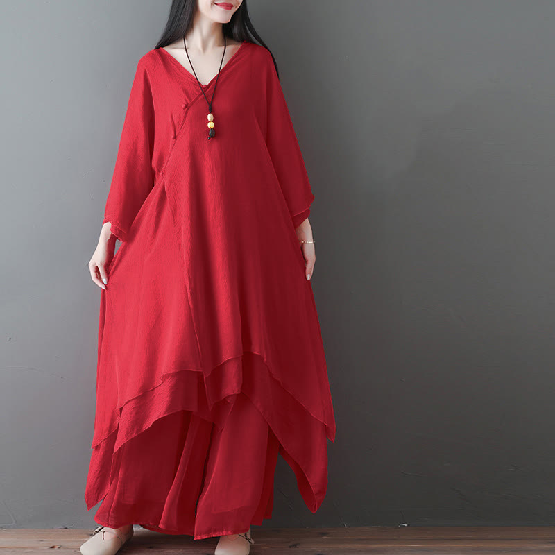 Buddha Stones V-Neck Midi Tunic Dress Wide Leg Pants Meditation Zen Practice Dance Clothing