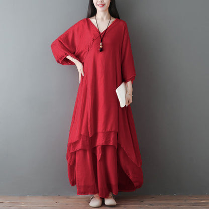 Buddha Stones V-Neck Midi Tunic Dress Wide Leg Pants Meditation Zen Practice Dance Clothing