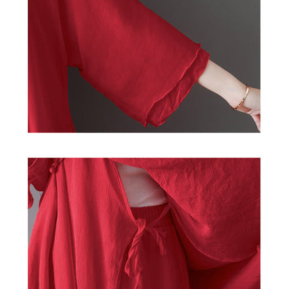 Buddha Stones V-Neck Midi Tunic Dress Wide Leg Pants Meditation Zen Practice Dance Clothing