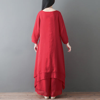 Buddha Stones V-Neck Midi Tunic Dress Wide Leg Pants Meditation Zen Practice Dance Clothing