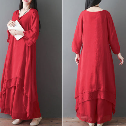 Buddha Stones V-Neck Midi Tunic Dress Wide Leg Pants Meditation Zen Practice Dance Clothing