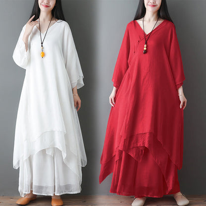 Buddha Stones V-Neck Midi Tunic Dress Wide Leg Pants Meditation Zen Practice Dance Clothing