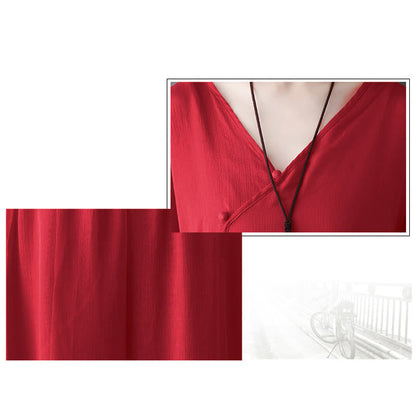 Buddha Stones V-Neck Midi Tunic Dress Wide Leg Pants Meditation Zen Practice Dance Clothing