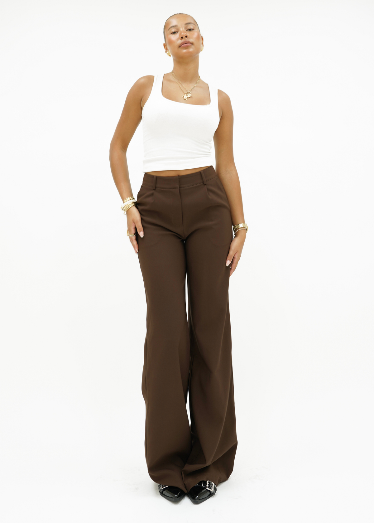 High waist wide leg pants casual chocolate brown (tall)